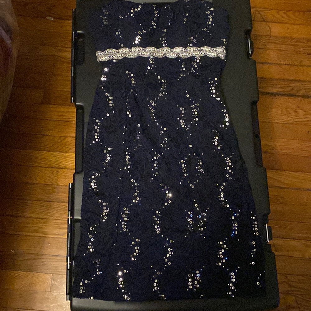 Navy blue strapless open back dress in a size 5 by mymichelle